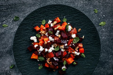 Roast sweet potato and beetroot salad with mountain feta