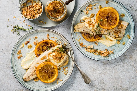 Forellenfilets mit Orangen-Senfkörnern
