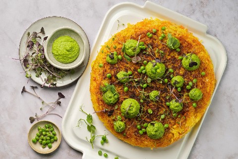 Rösti di carote con purè di piselli