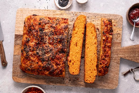 Focaccia with kimchi and gochujang