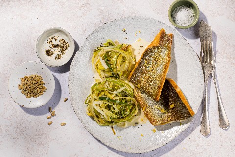 Leek noodles with fillet of trout