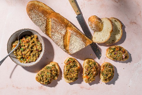 Aubergine caviar on baguette