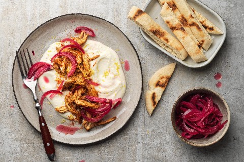 Pulled chicken on whipped feta