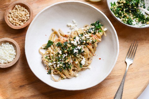 Aubergine and tahini pasta
