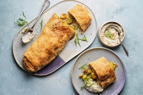 Vegetable strudel with tarragon dip