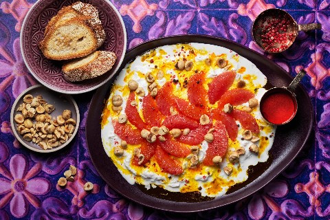 Stracciatella with saffron and grapefruit