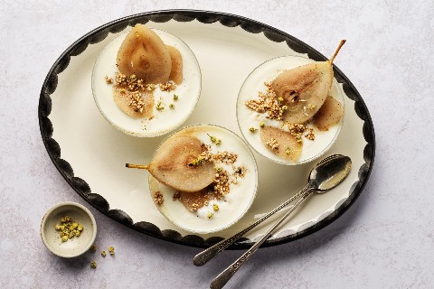 Chamomile poached pears with yoghurt cream