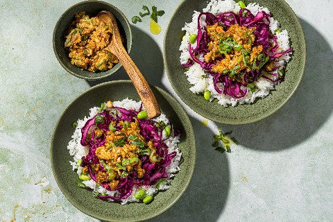 Crispy tofu with red cabbage