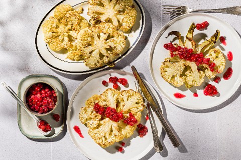 Cauliflower steaks with redcurrant salsa