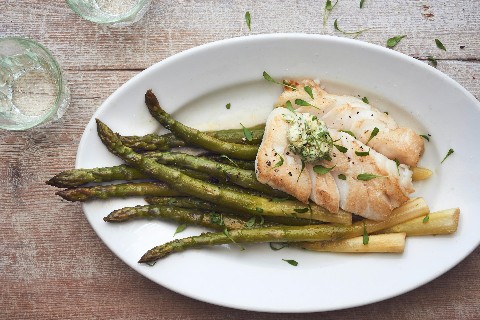Cod with cress butter and roasted asparagus