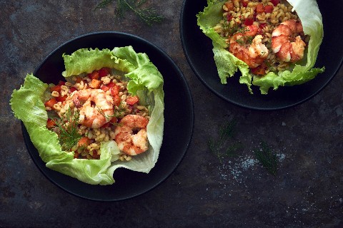 Colourful Ebly wheat salad with jumbo prawns