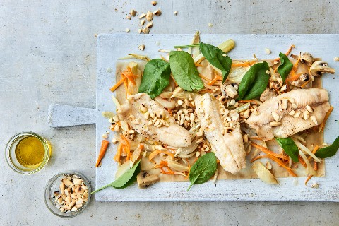Trout on a warm vegetable salad