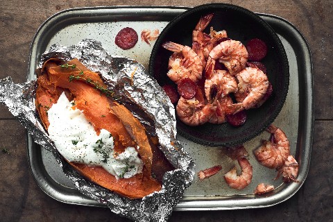 Prawns with baked sweet potatoes